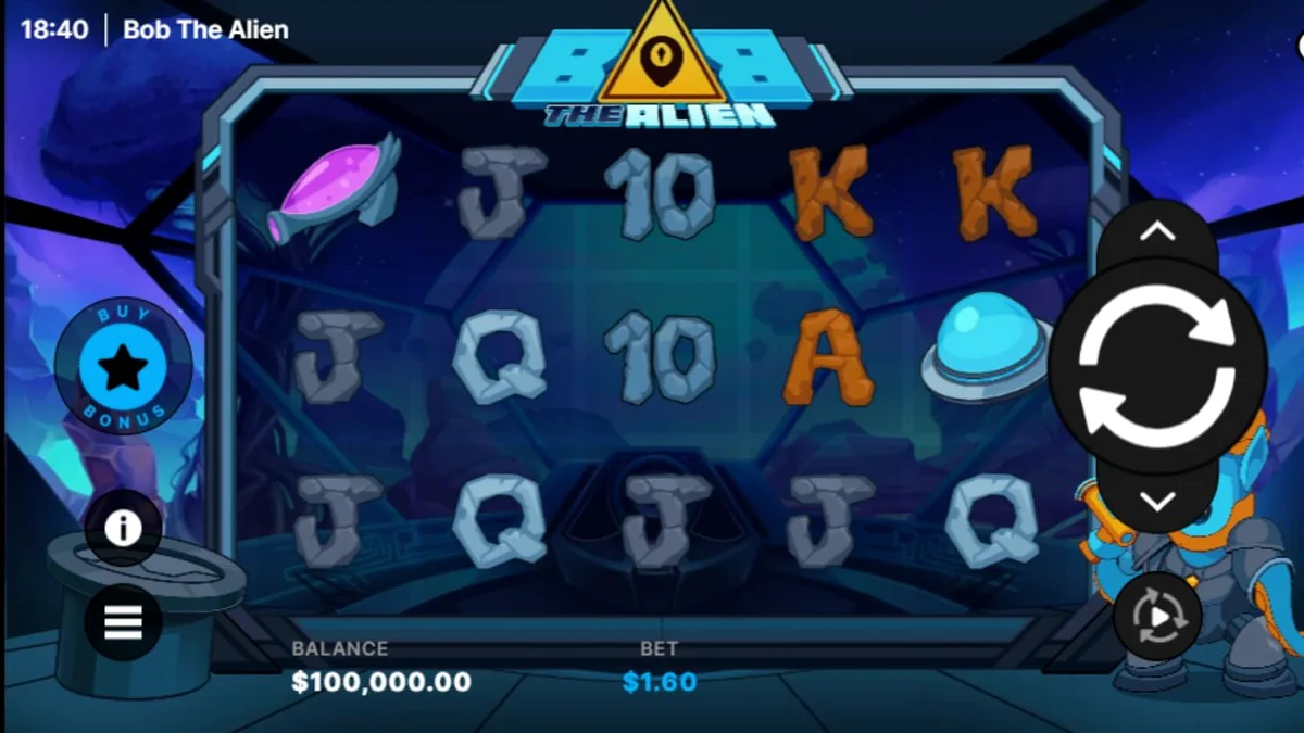Tampilan visual futuristik dan neon dari slot Bob The Alien